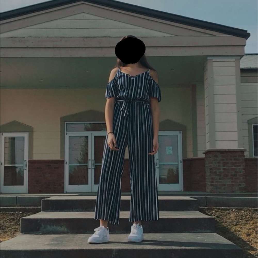 Blue and white striped jumpsuit